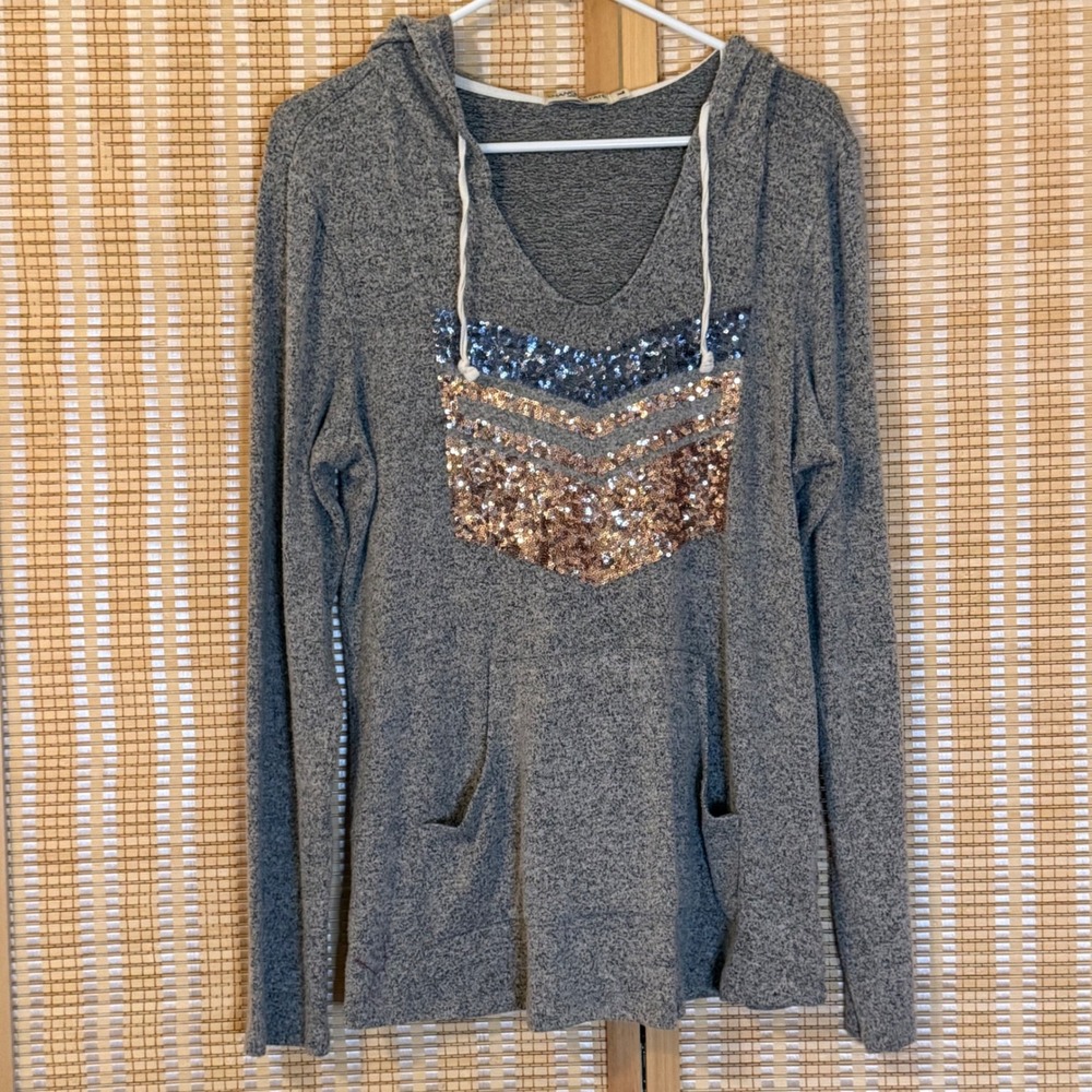 Chance or Fate Womens Heather‎ Gray Sequin Chevron Hoodie Top Large Steetwear